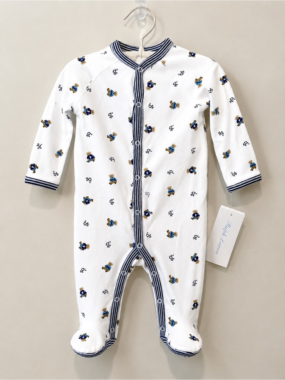 Ralph Lauren White Footed One-Piece with Navy Trim & Bear Motif